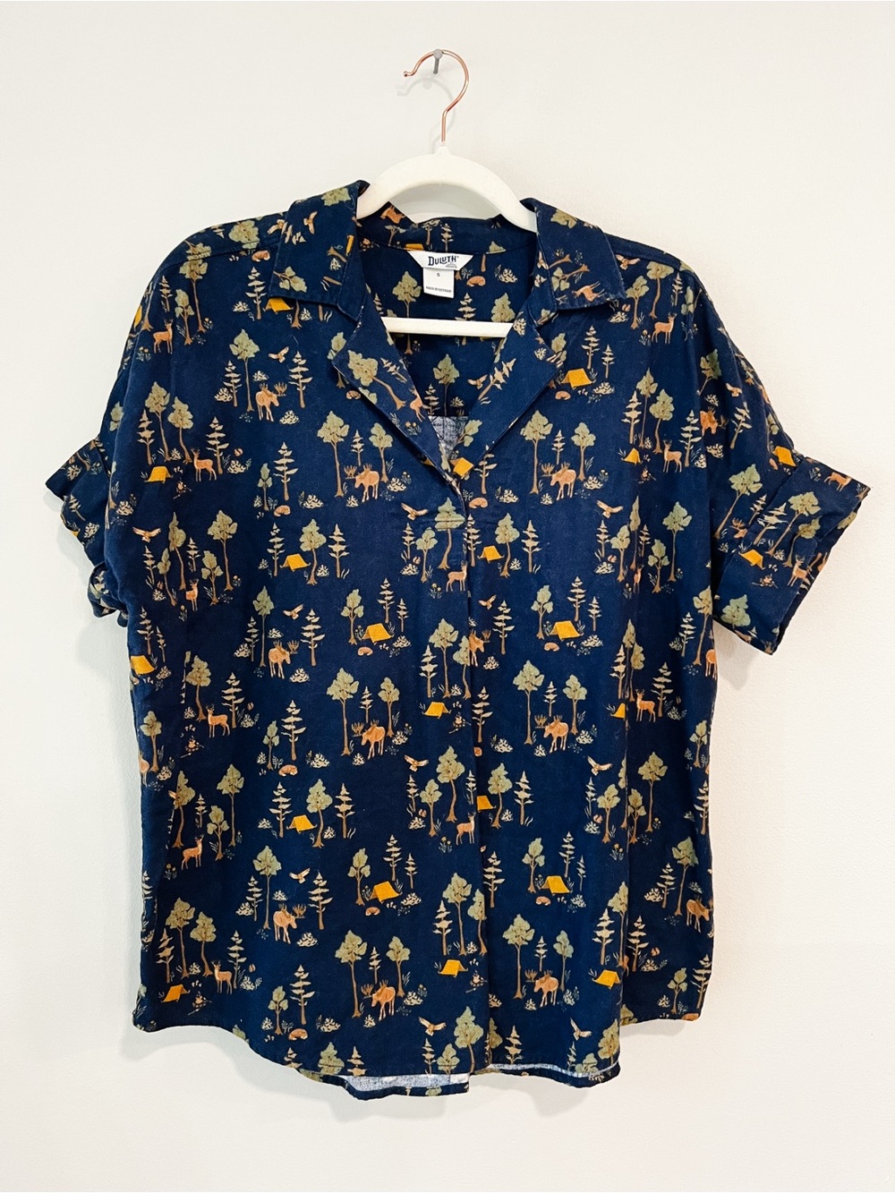 Duluth Trading Co 100% Cotton Mens Navy Pullover Short Sleeve Printmaker Flannel
